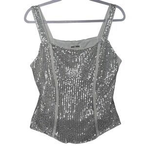 Grace Karin Womens Silver Sequin Corset Top Square Neck Sparkly Party Evening L